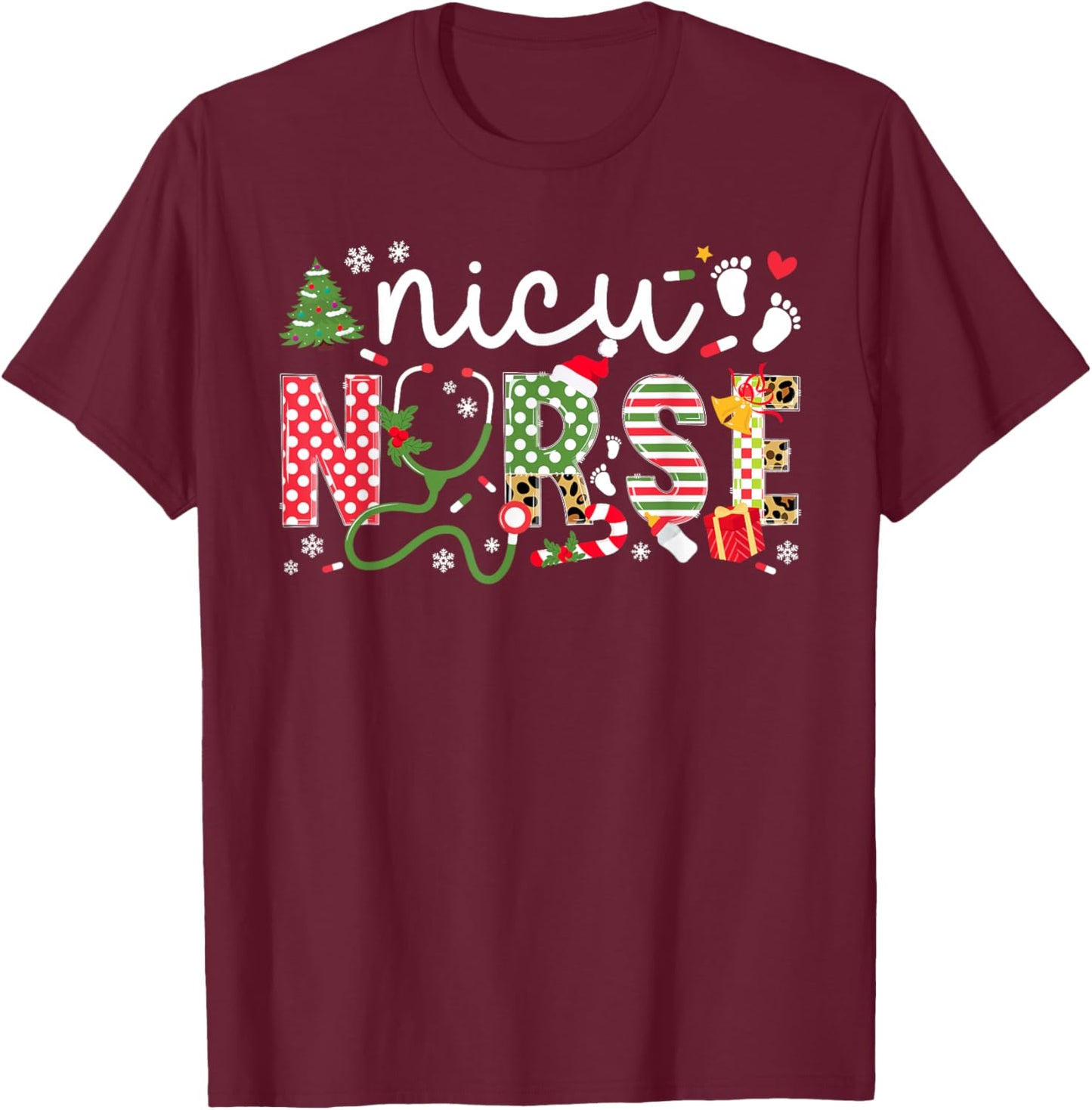 NICU Nurse Christmas Neonatal ICU Nurse Xmas Party T-Shirt - T-Shirt | Maroon