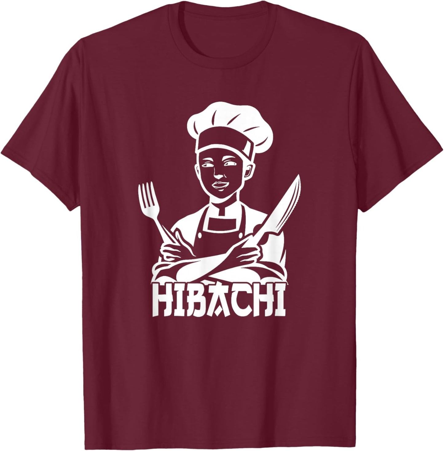 Hibachi Chef Knife Fork Culinary Art T-Shirt - T-Shirt | Maroon
