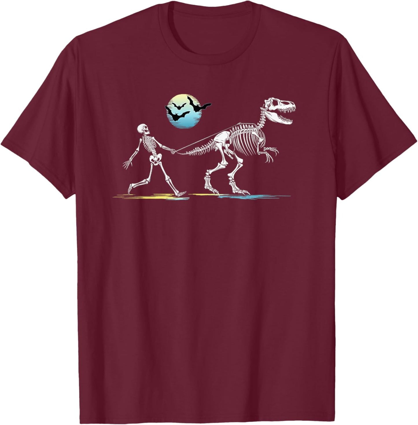 Skeleton Walking a T-Rex Dinosaur Boys Girls Funny Halloween T-Shirt - T-Shirt | Maroon