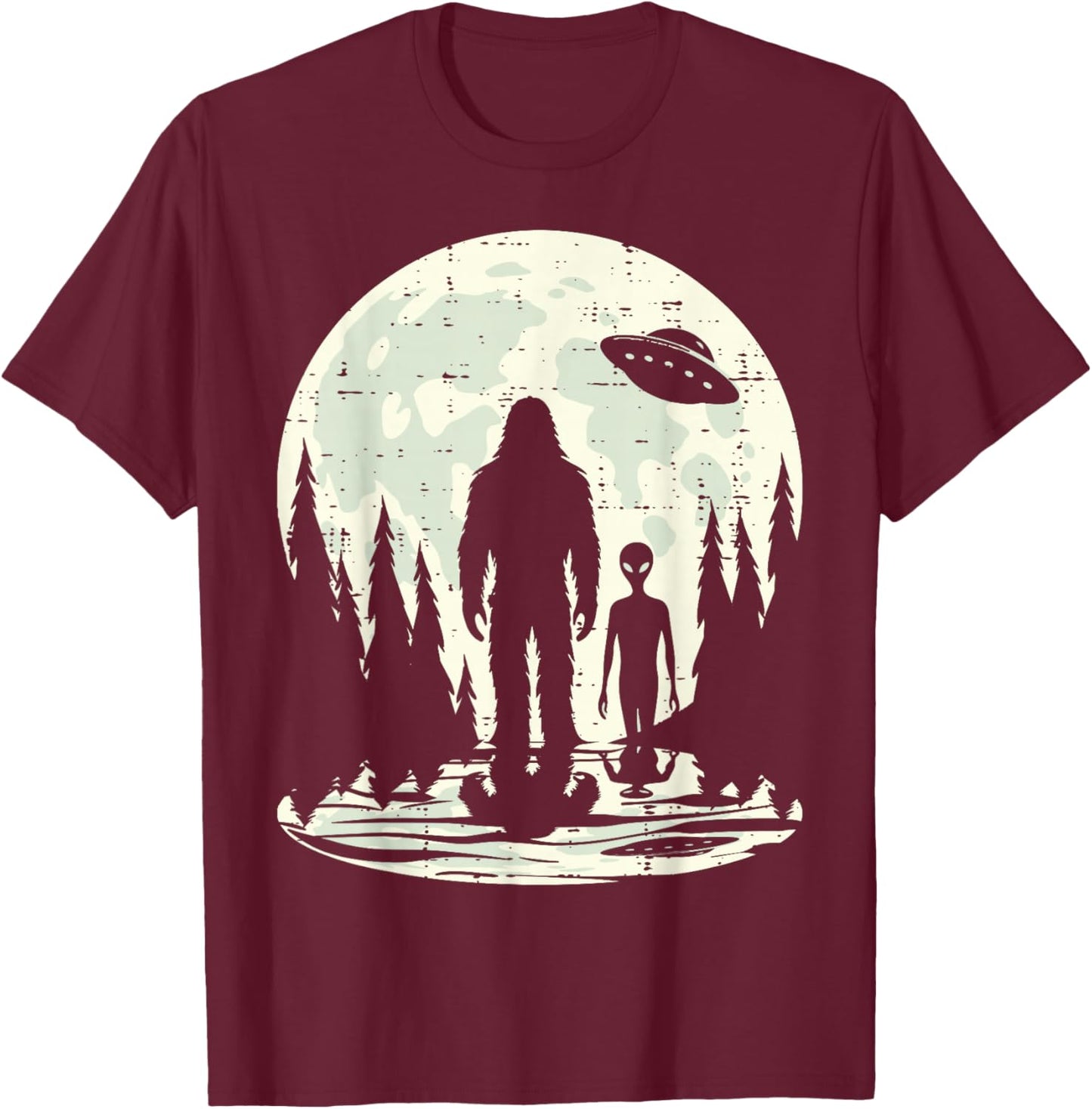 Alien Bigfoot Ufo Moon Funny Sasquatch Men Women Boys Kids T-Shirt - T-Shirt | Maroon