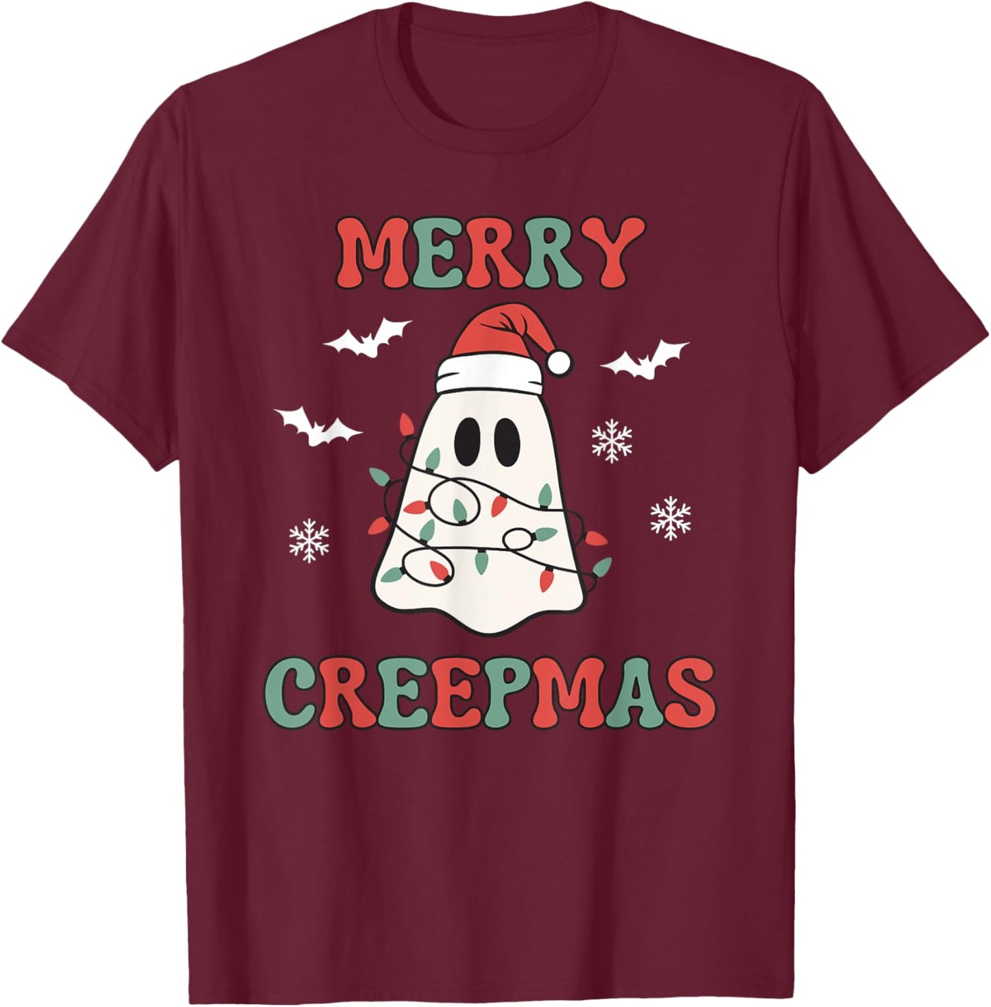 Merry Creepmas Christmas Ghost Wrapped in Lights Cute Kawaii T-Shirt - T-Shirt | Maroon