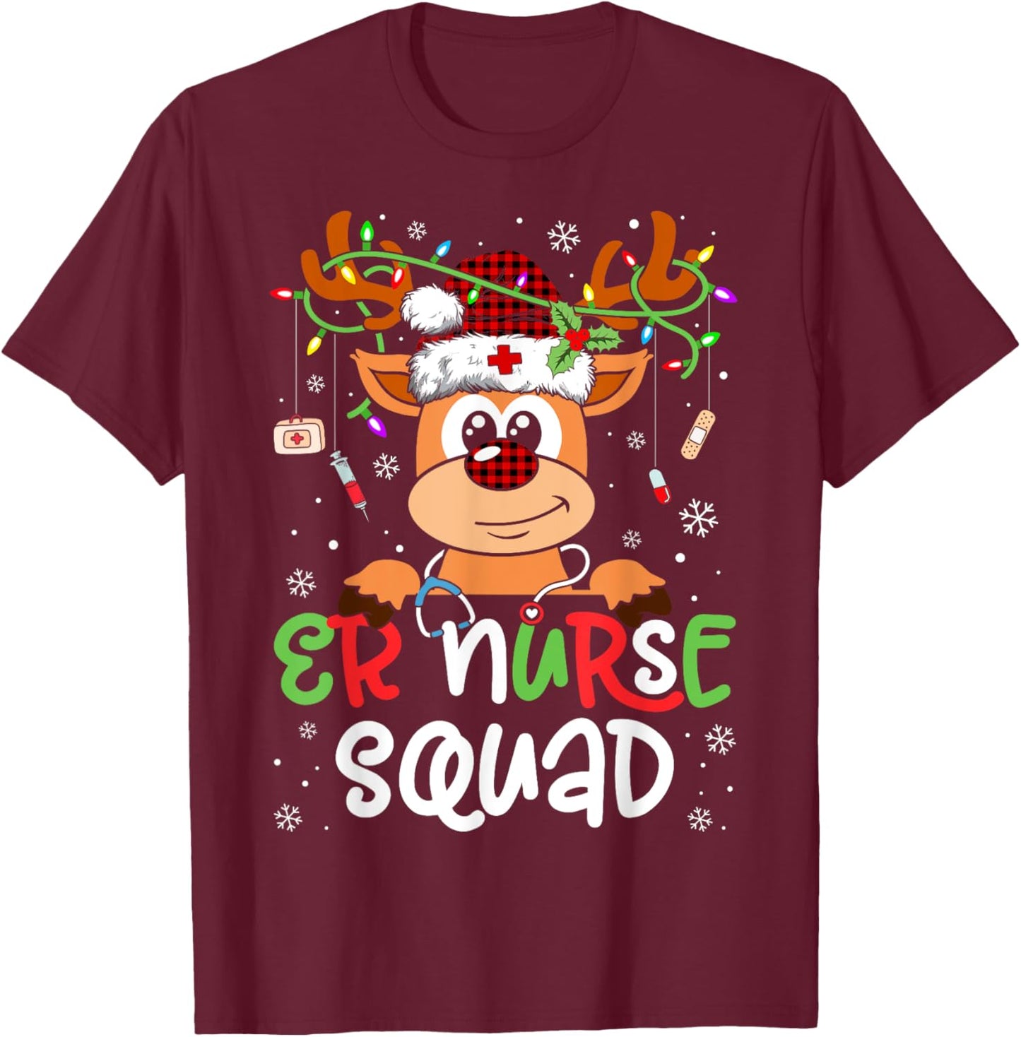 Reindeer Christmas ER Nurse Squad Stethoscope Nurse T-Shirt - T-Shirt | Maroon