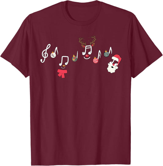 Christmas Santa Snowman Reindeer Music Notes Teacher Holiday T-Shirt - T-Shirt | Maroon