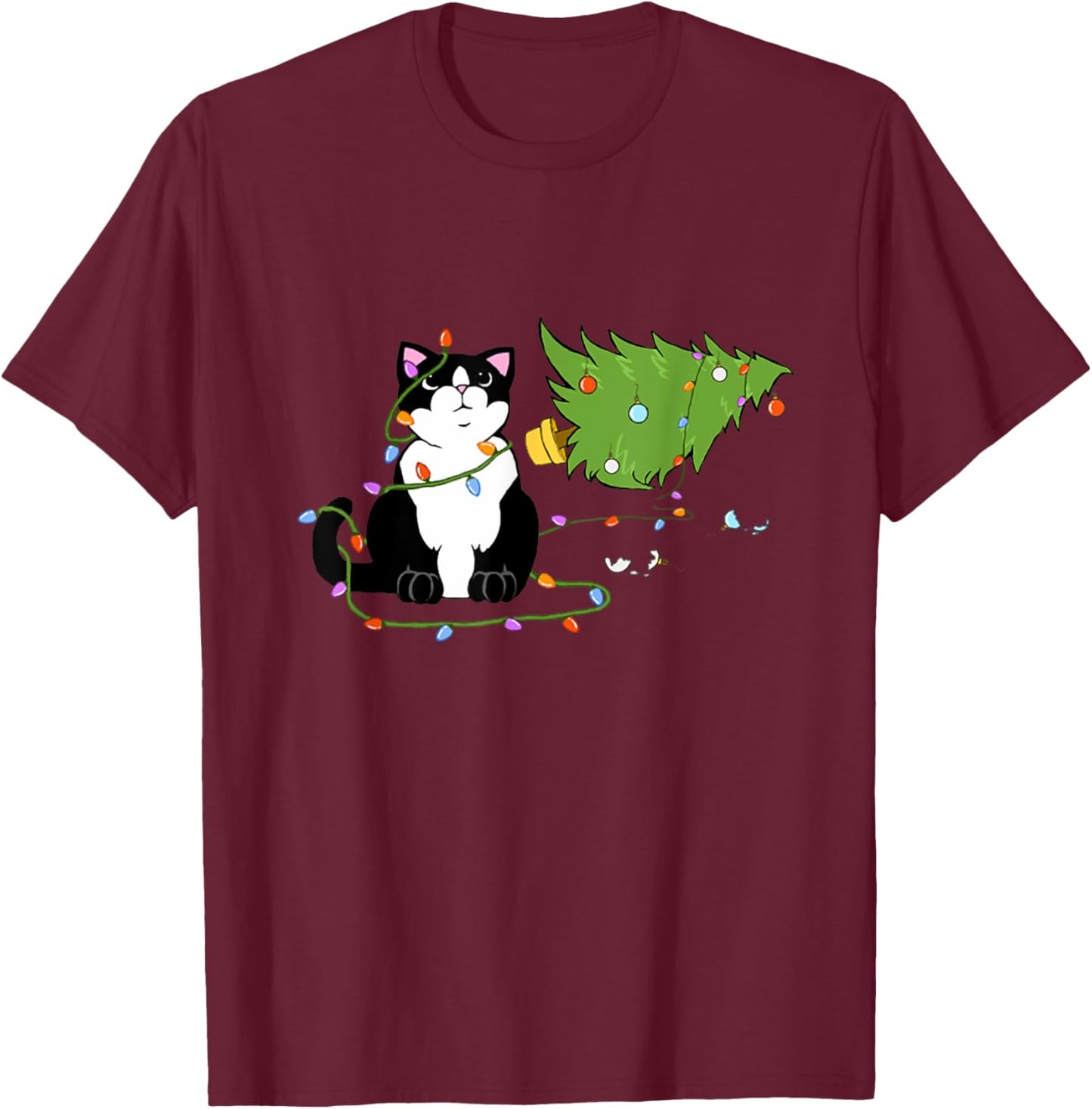 Christmas Tree Knocked Over By Tuxedo Cat Meowy Christmas Women Kids T-Shirt - T-Shirt | Maroon