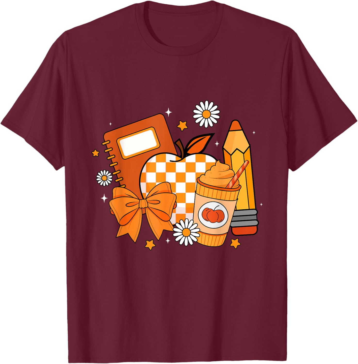 Retro Coquette Bow Pencil Teacher Fall Season Thanksgiving T-Shirt - T-Shirt | Maroon