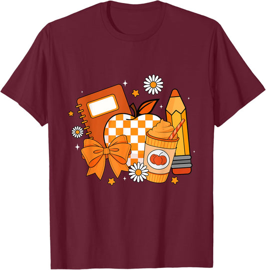 Retro Coquette Bow Pencil Teacher Fall Season Thanksgiving T-Shirt - T-Shirt | Maroon