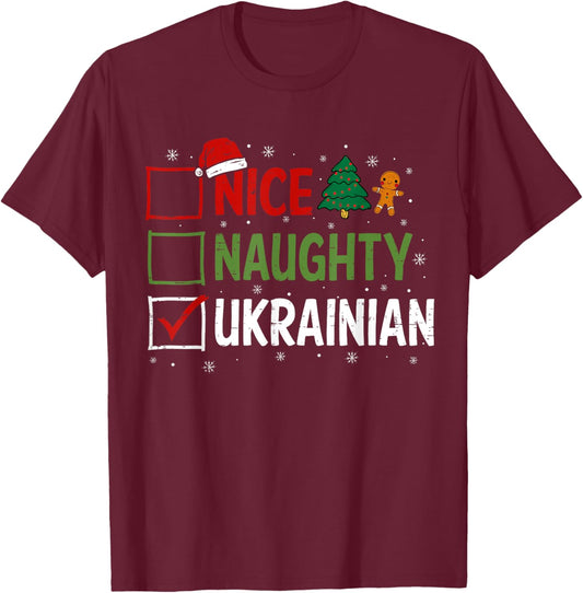 Naughty Nice ukrainian Christmas Pajamas Santa Claus Xmas T-Shirt - T-Shirt | Maroon
