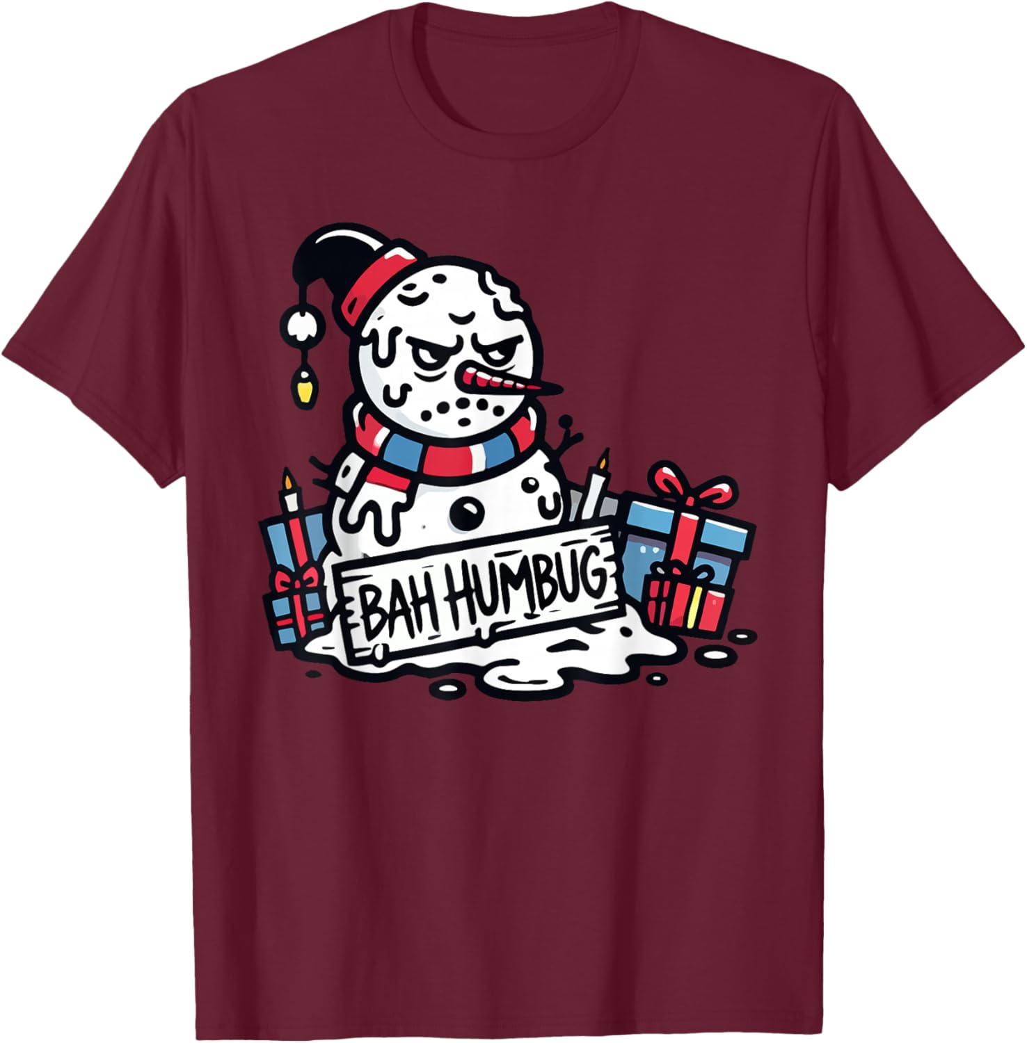 Bah Humbug Santa Hat Snowman for People Haters Sarcastic T-Shirt - T-Shirt | Maroon