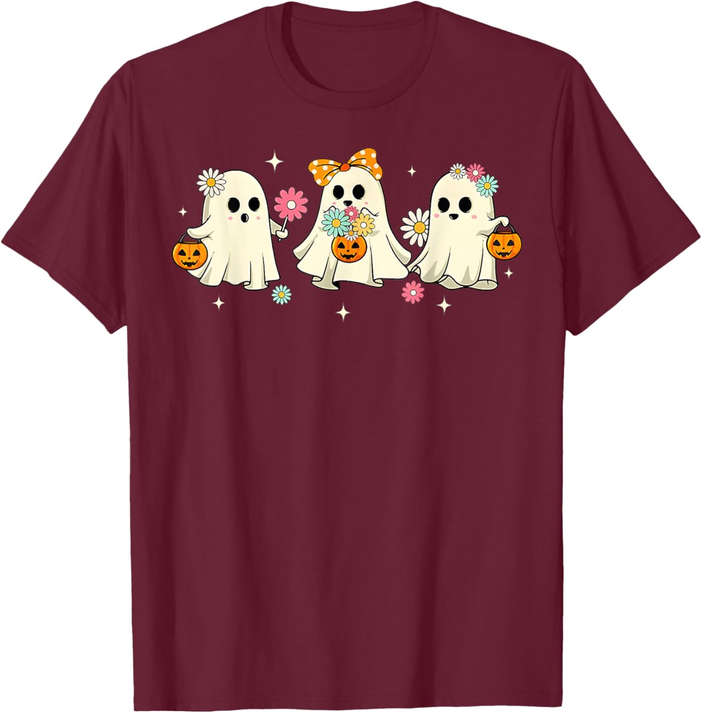 Cute Ghost Groovy Vintage Halloween Spooky Season Floral T-Shirt - T-Shirt | Maroon