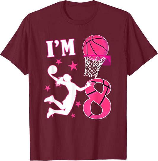 8th Birthday Basketball Theme 8 Year Old Girl Birthday T-Shirt - T-Shirt | Maroon