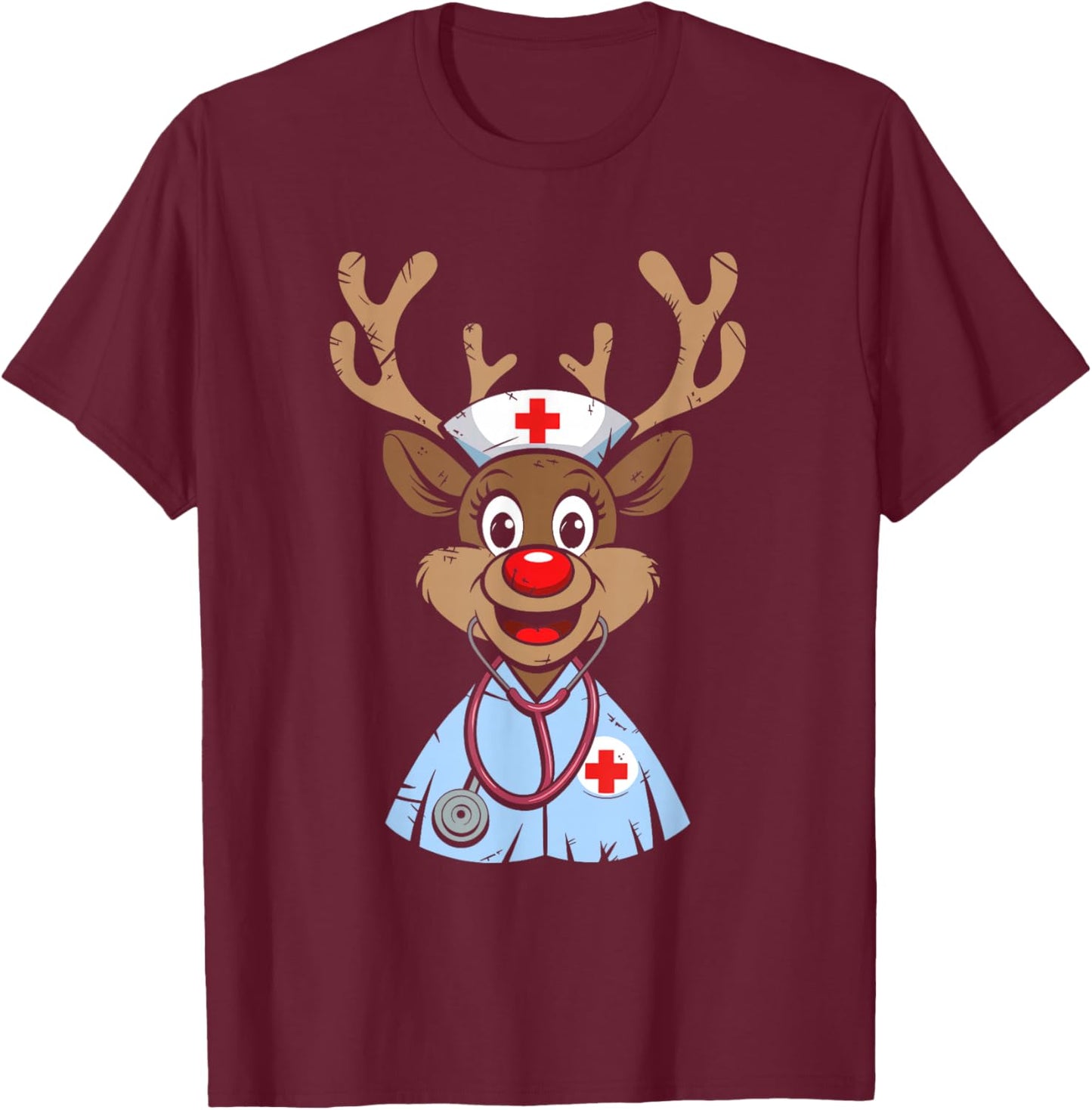 Christmas Nurse Reindeer Funny Scrubs Rubber Gloves Nurses T-Shirt - T-Shirt | Maroon