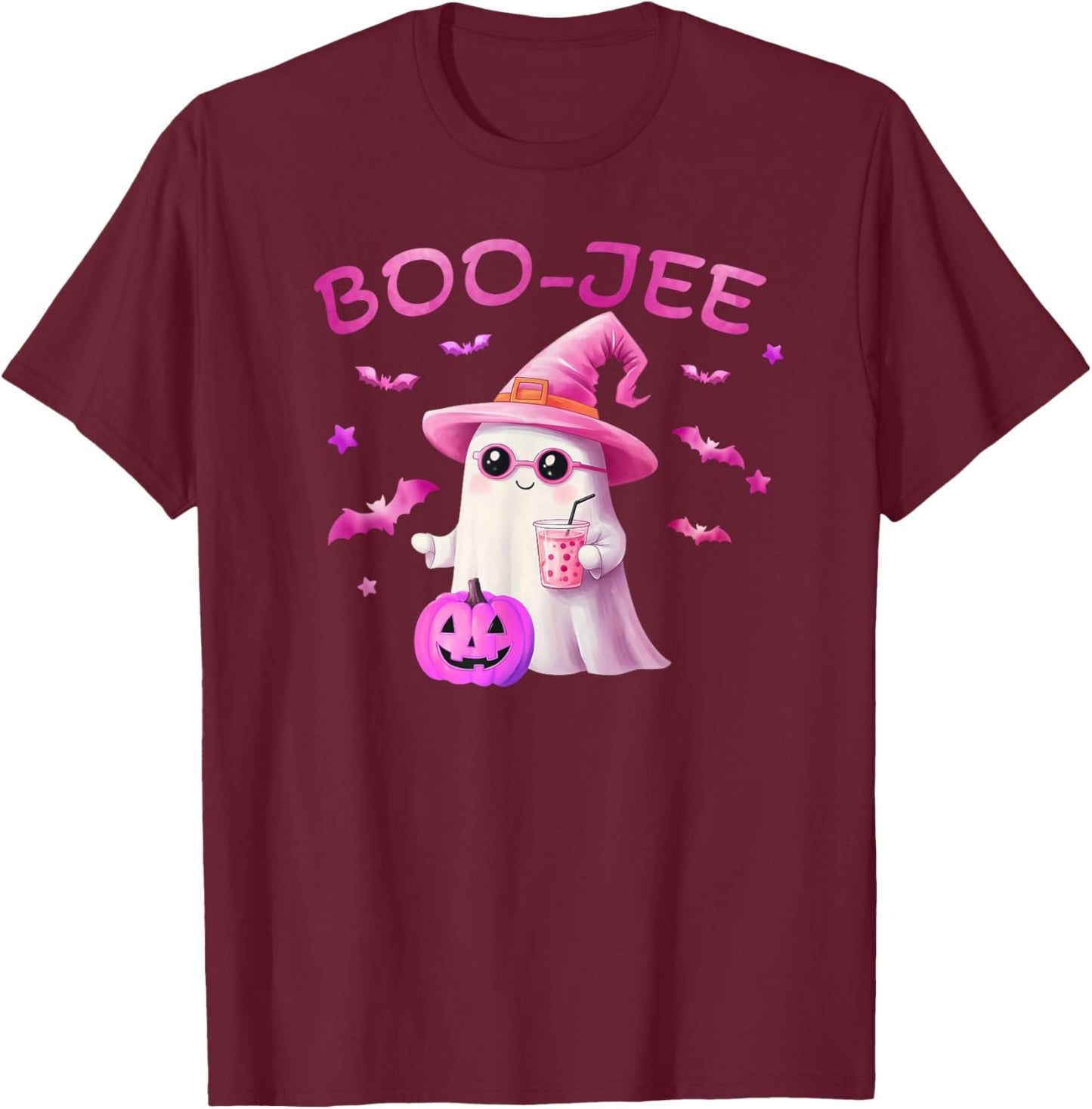 Boo-Jee Ghost - Cute Pink Ghost Halloween Design T-Shirt - T-Shirt | Maroon