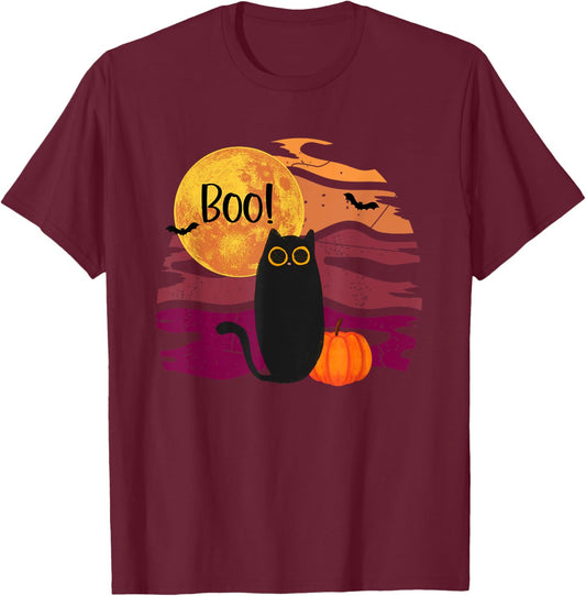 Halloween Black Cat Boo! Spooky Halloween Cat Men Women Kids T-Shirt - T-Shirt | Maroon
