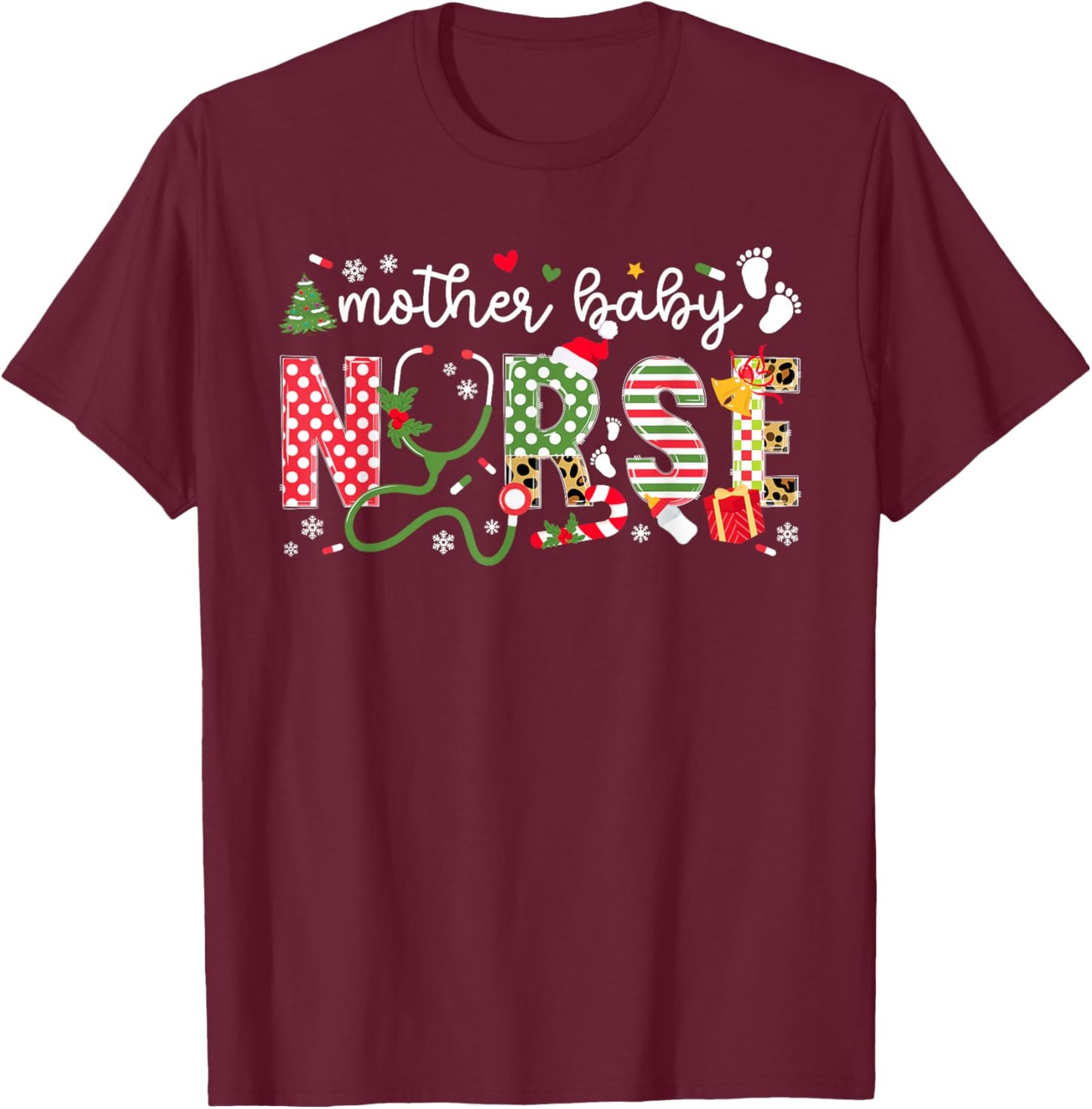 Mother Baby Nurse Christmas Mother Baby Nursing Xmas T-Shirt - T-Shirt | Maroon