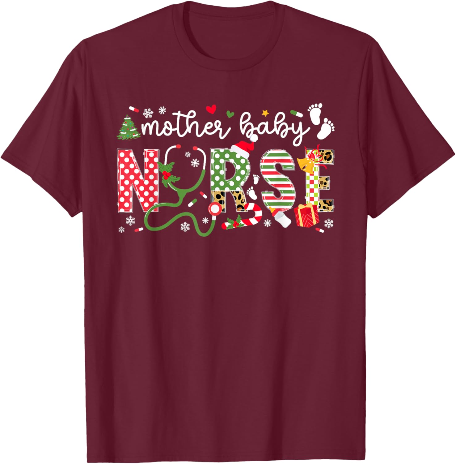Mother Baby Nurse Christmas Mother Baby Nursing Xmas T-Shirt - T-Shirt | Maroon