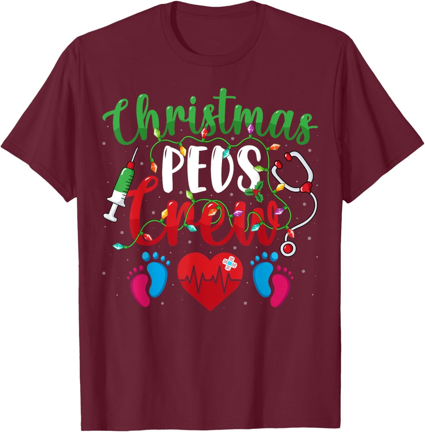 Christmas PEDS Crew Holiday Xmas Lights Pediatric Nurse T-Shirt - T-Shirt | Maroon