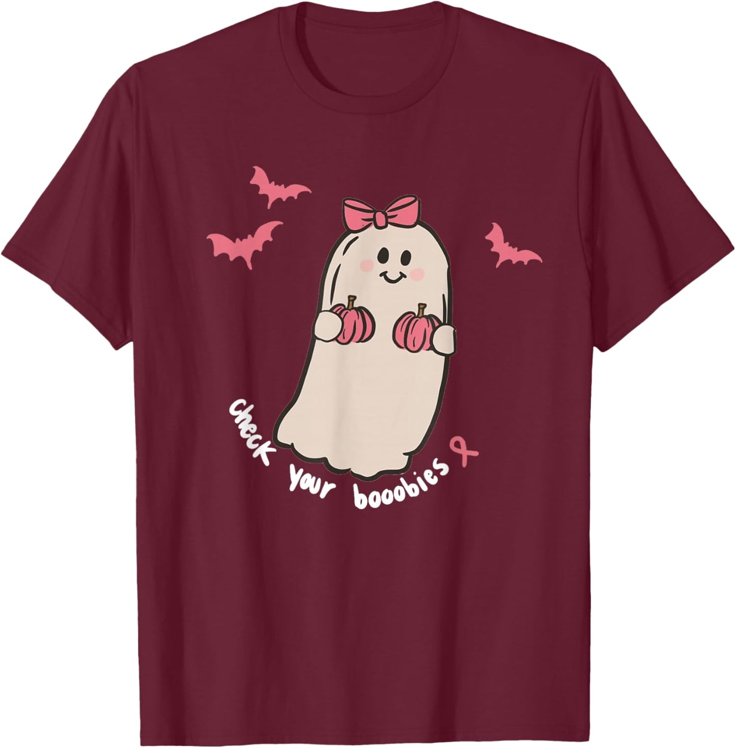 Check Your Boobies Ghost Halloween Breast Cancer Awareness T-Shirt - T-Shirt | Maroon