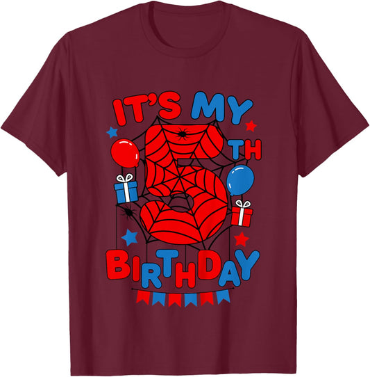 Kids It's My 5th Birthday Spider Theme Party 5 Year Old Boys Kids T-Shirt - T-Shirt | Maroon
