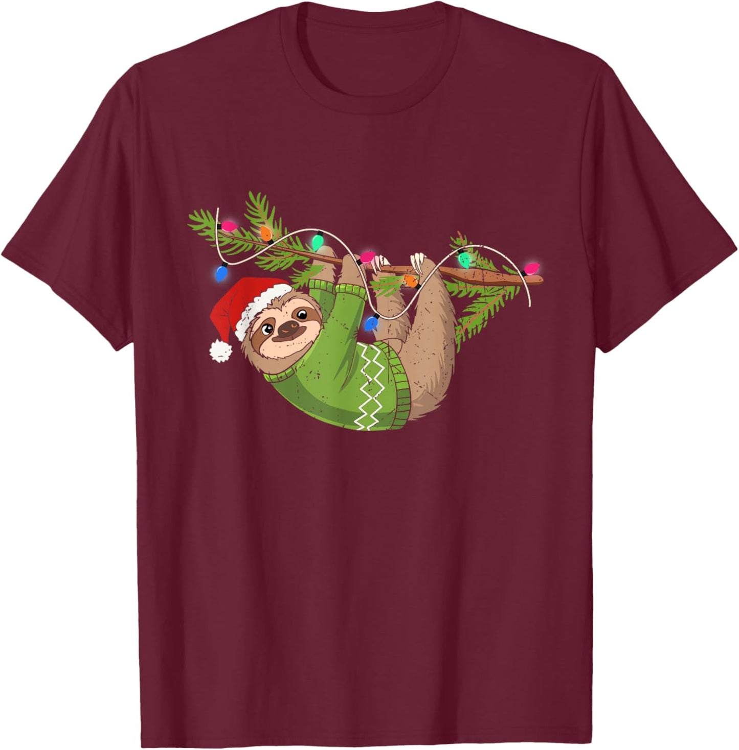 Cute Xmas Sloth Santa Hat Christmas Sloth - Tree Lights Xmas T-Shirt - T-Shirt | Maroon