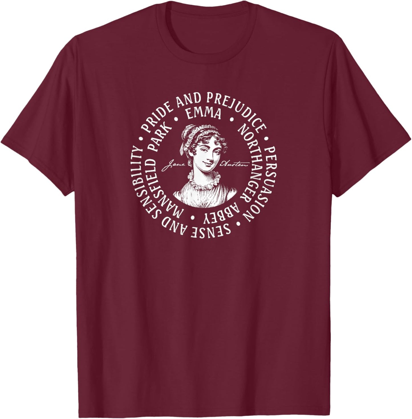 Six Novels of Jane Austen T-Shirt - T-Shirt | Maroon