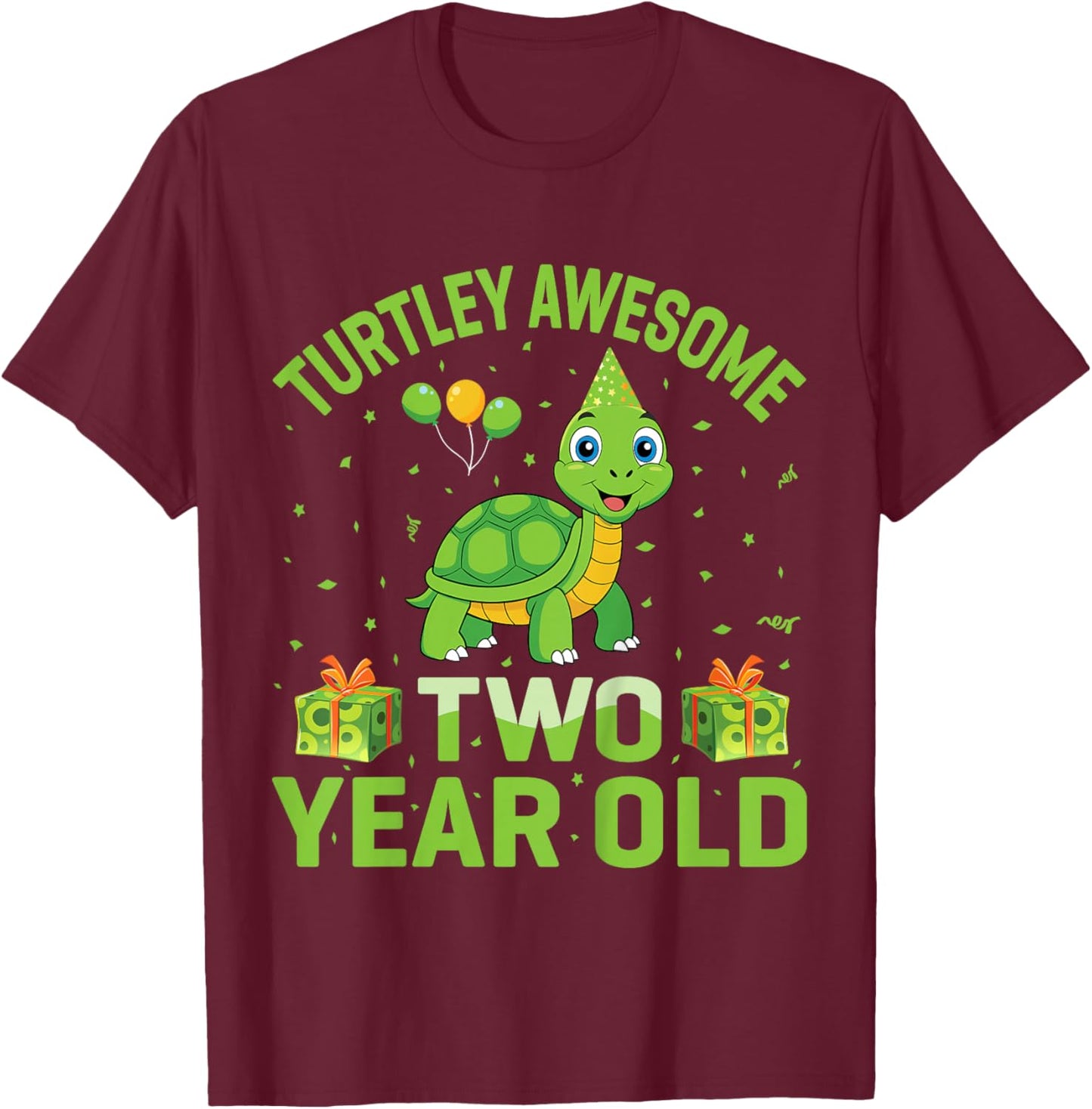 Turtley Awesome Two Year Old Cute Turtle 2nd Birthday Party T-Shirt - T-Shirt | Maroon