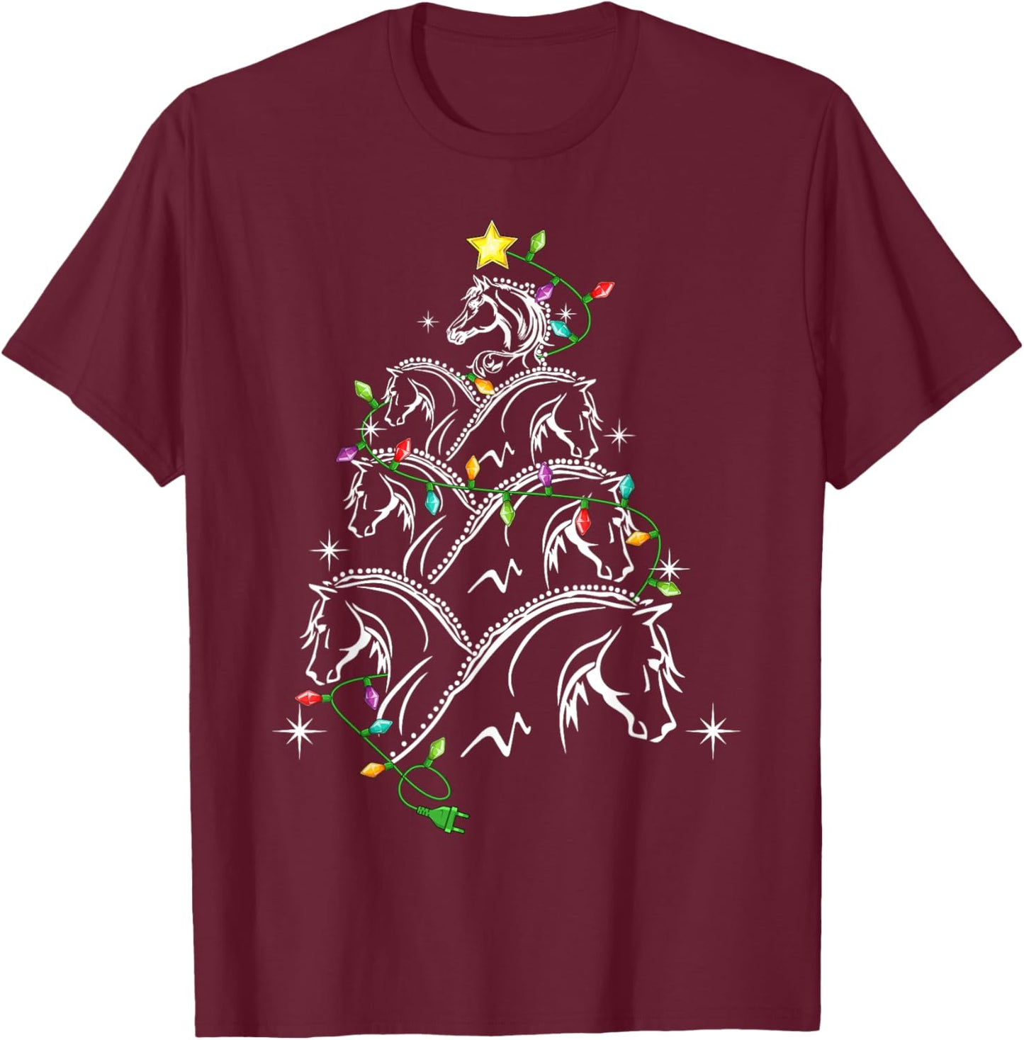 Horse Christmas Tree Xmas Lighting , -Adults/Kids, Black, Small, Short Sleeve T-Shirt - T-Shirt | Maroon
