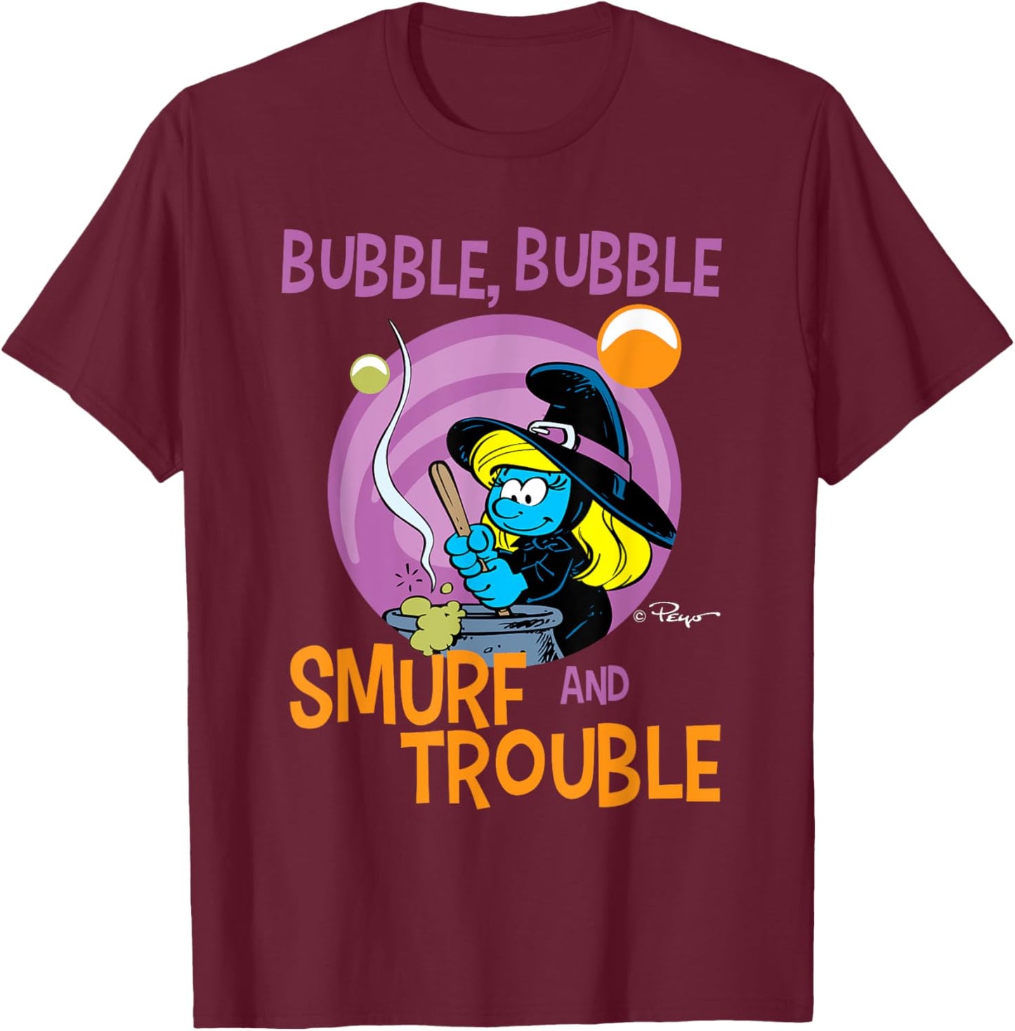 The Smurfs Bubble Bubble Smurf and Trouble T-Shirt - T-Shirt | Maroon