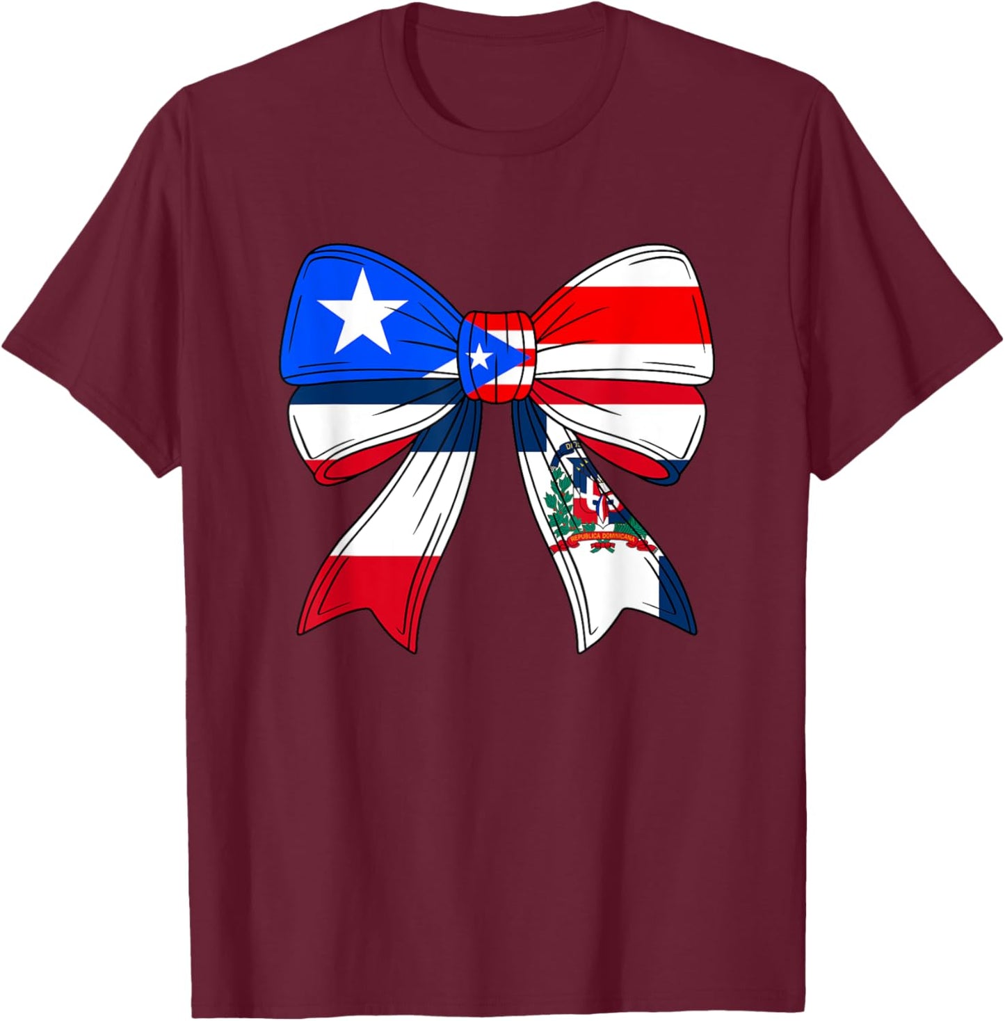 Half Dominican And Puerto Rican Rico Flag DominiRican Bow T-Shirt - T-Shirt | Maroon