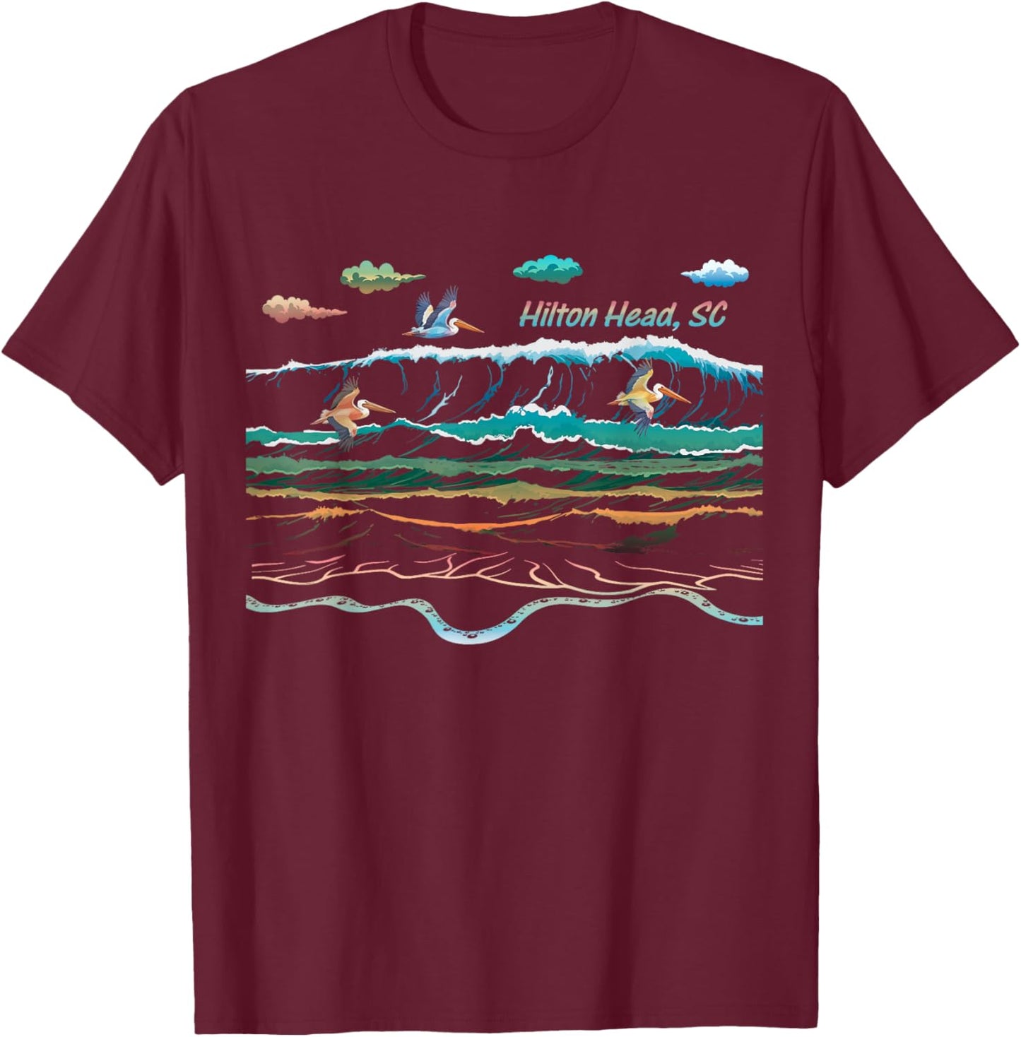 Hilton Head SC South Carolina Waves Pelican Bird Watcher T-Shirt - T-Shirt | Maroon