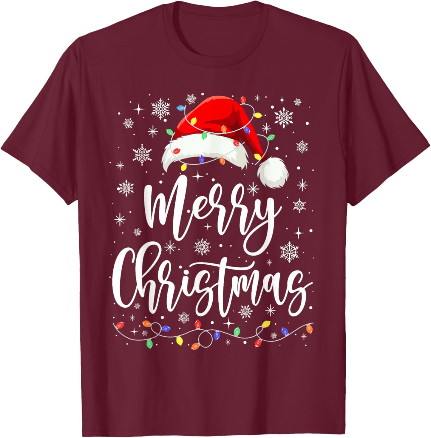 Merry Christmas Lights Red Santa Hat Xmas Family Men Women T-Shirt - T-Shirt | Maroon