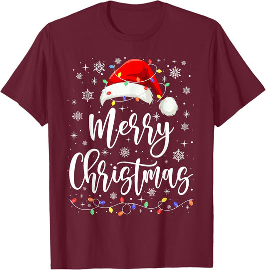 Merry Christmas Lights Red Santa Hat Xmas Family Men Women T-Shirt - T-Shirt | Maroon