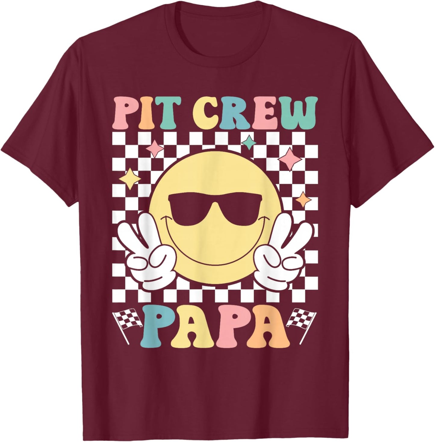 Pit Crew Papa Checkered Flag Race Car Birthday Family Racing T-Shirt - T-Shirt | Maroon