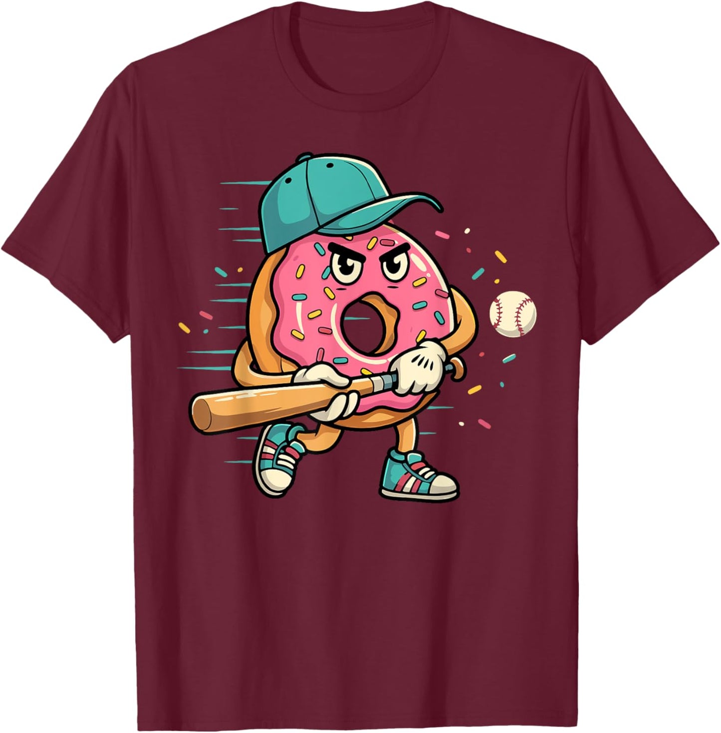 Donut Playing Baseball Dessert Food Lover Sports Fan Player T-Shirt - T-Shirt | Maroon