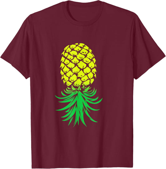 Funny Retro Inverted Pineapple Upside Down Pineapple - Black, Small, -Adults, Short Sleeve, , Casual, Pineapple Theme T-Shirt - T-Shirt | Maroon