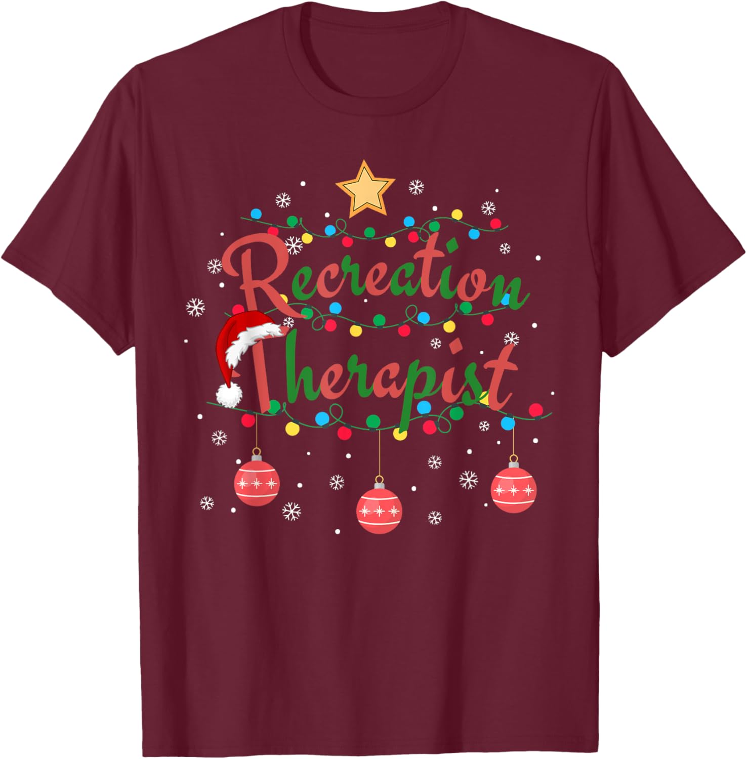 Recreation Therapist Xmas Santa Hat Retro Recreational Therapy for -Adults, Black, Small, Short Sleeve T-Shirt - T-Shirt | Maroon