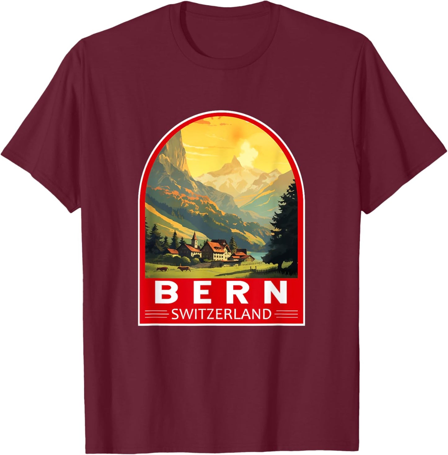 Bern Switzerland Travel Art Emblem Vintage T-Shirt - T-Shirt | Maroon