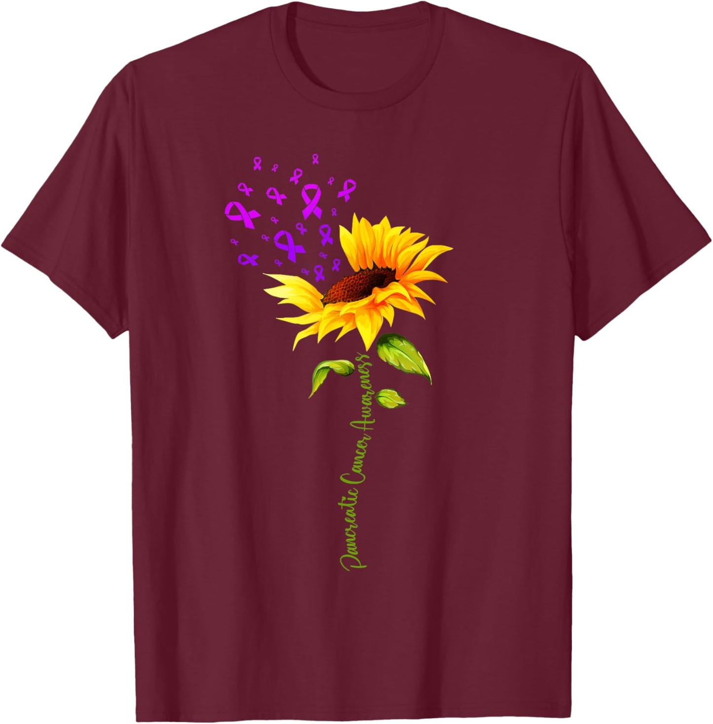 Pancreatic Cancer Awareness Sunflower Purple Ribbon Support T-Shirt - T-Shirt | Maroon
