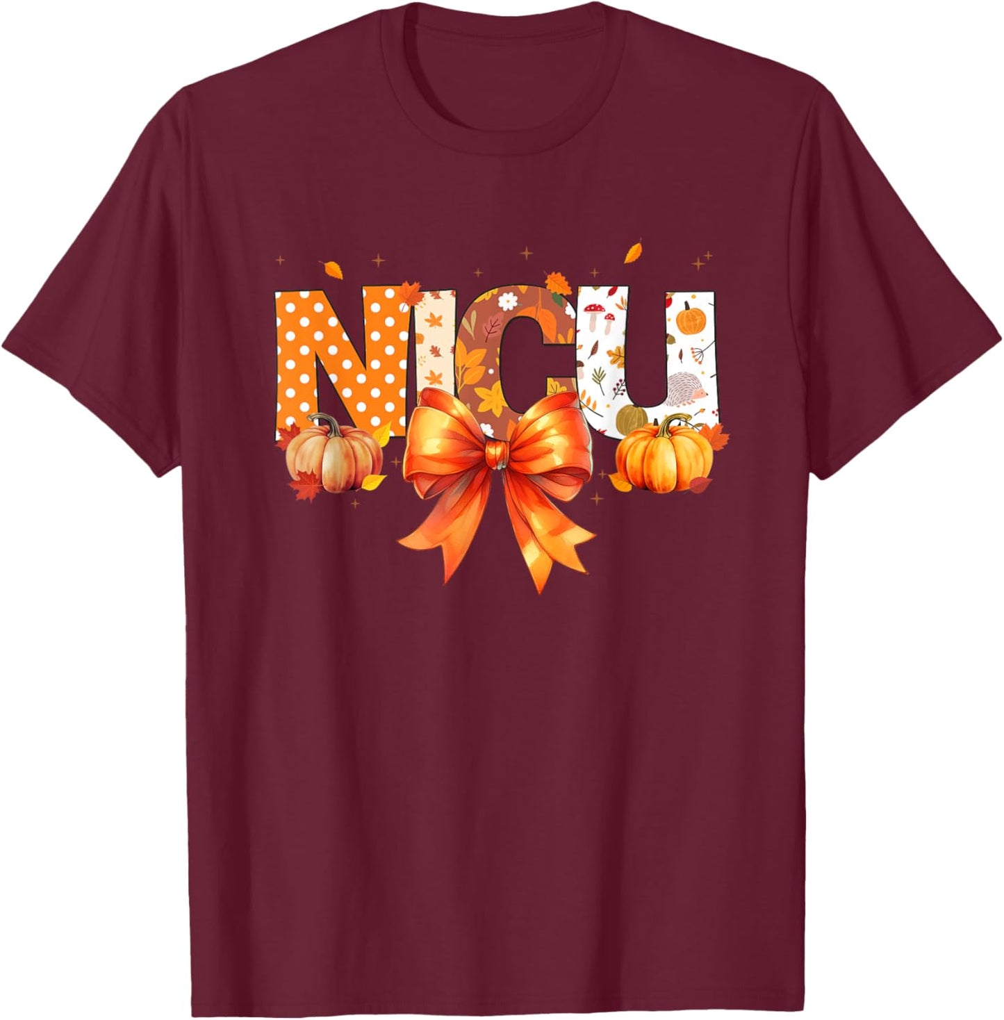 Love NICU Pumpkin Leopard Autumn Fall Season Scrub Women T-Shirt - T-Shirt | Maroon
