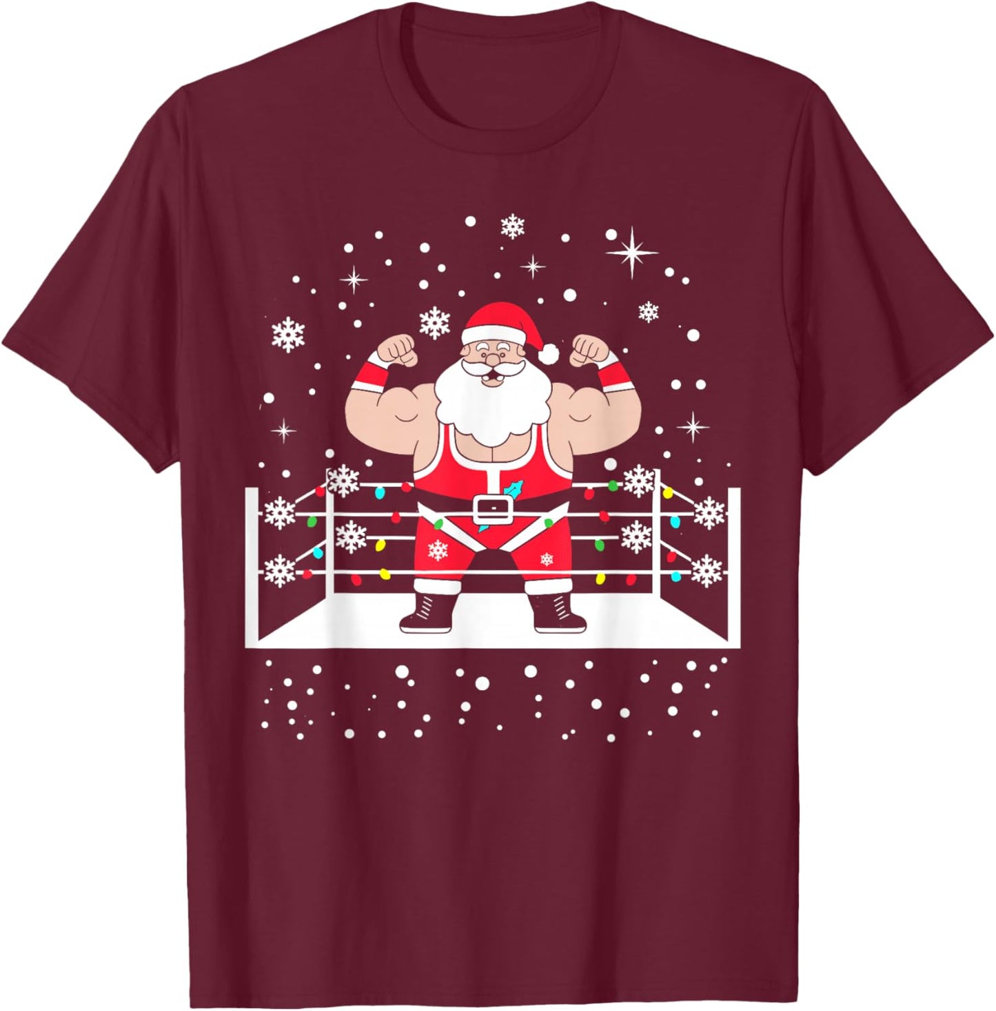 Funny Wrestling Santa Xmas Lights Wrestling Christmas T-Shirt - T-Shirt | Maroon