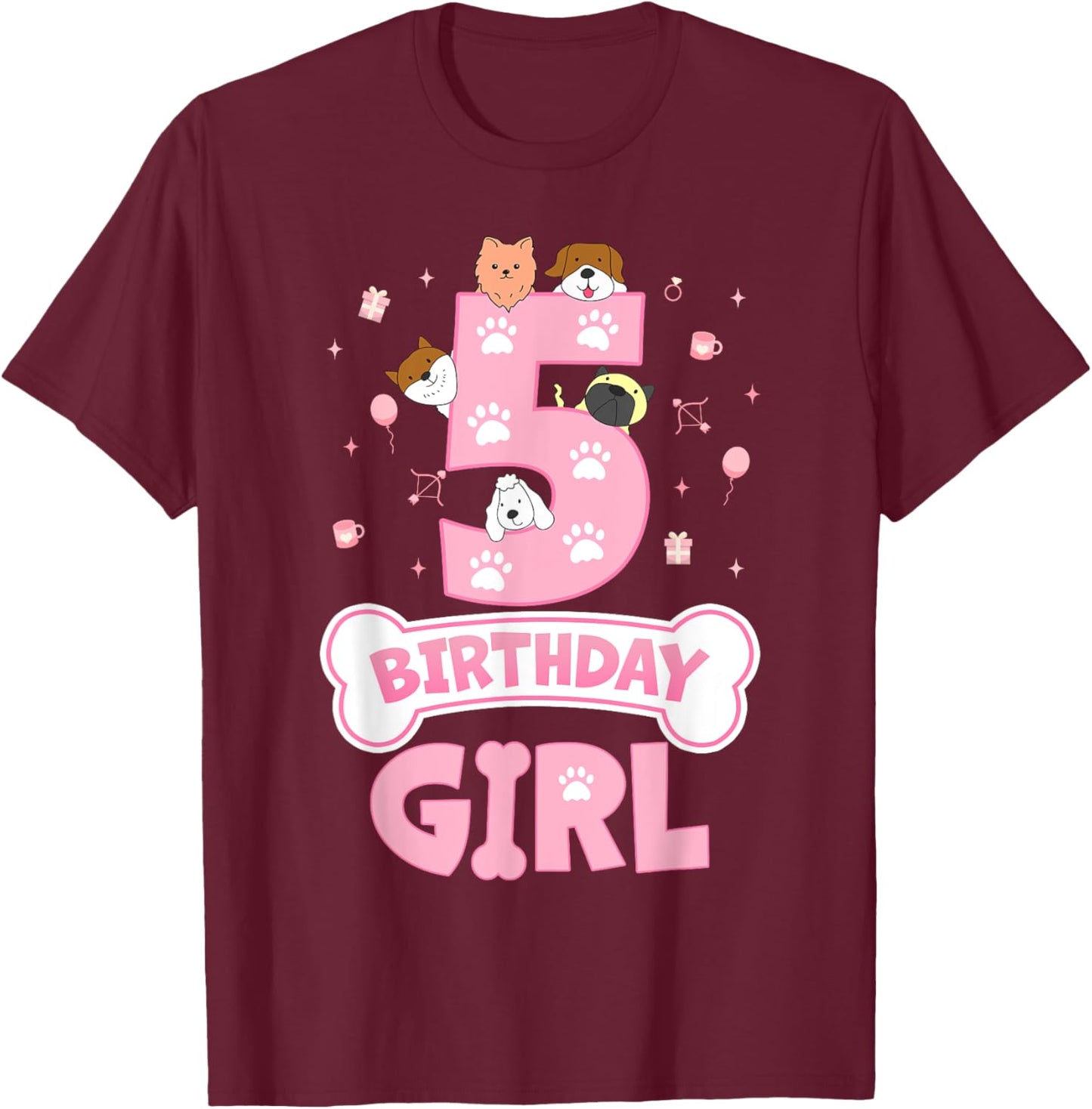 5th Birthday Girl Dog Themed Party 5 Year Old Girl Dog Lover T-Shirt - T-Shirt | Maroon