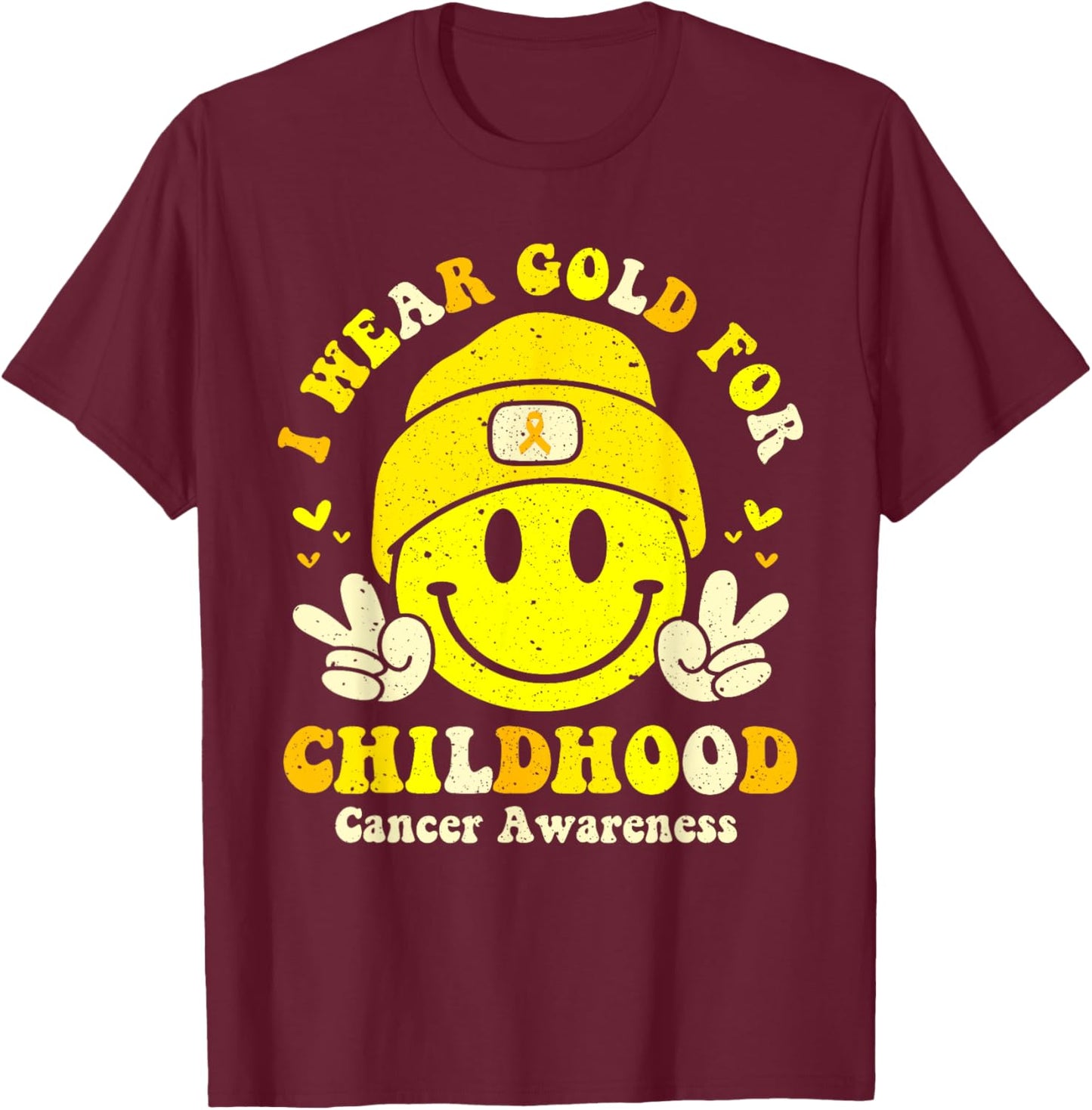 Retro I Wear Gold For Childhood Cancer Awareness Gold Ribbon T-Shirt - T-Shirt | Maroon