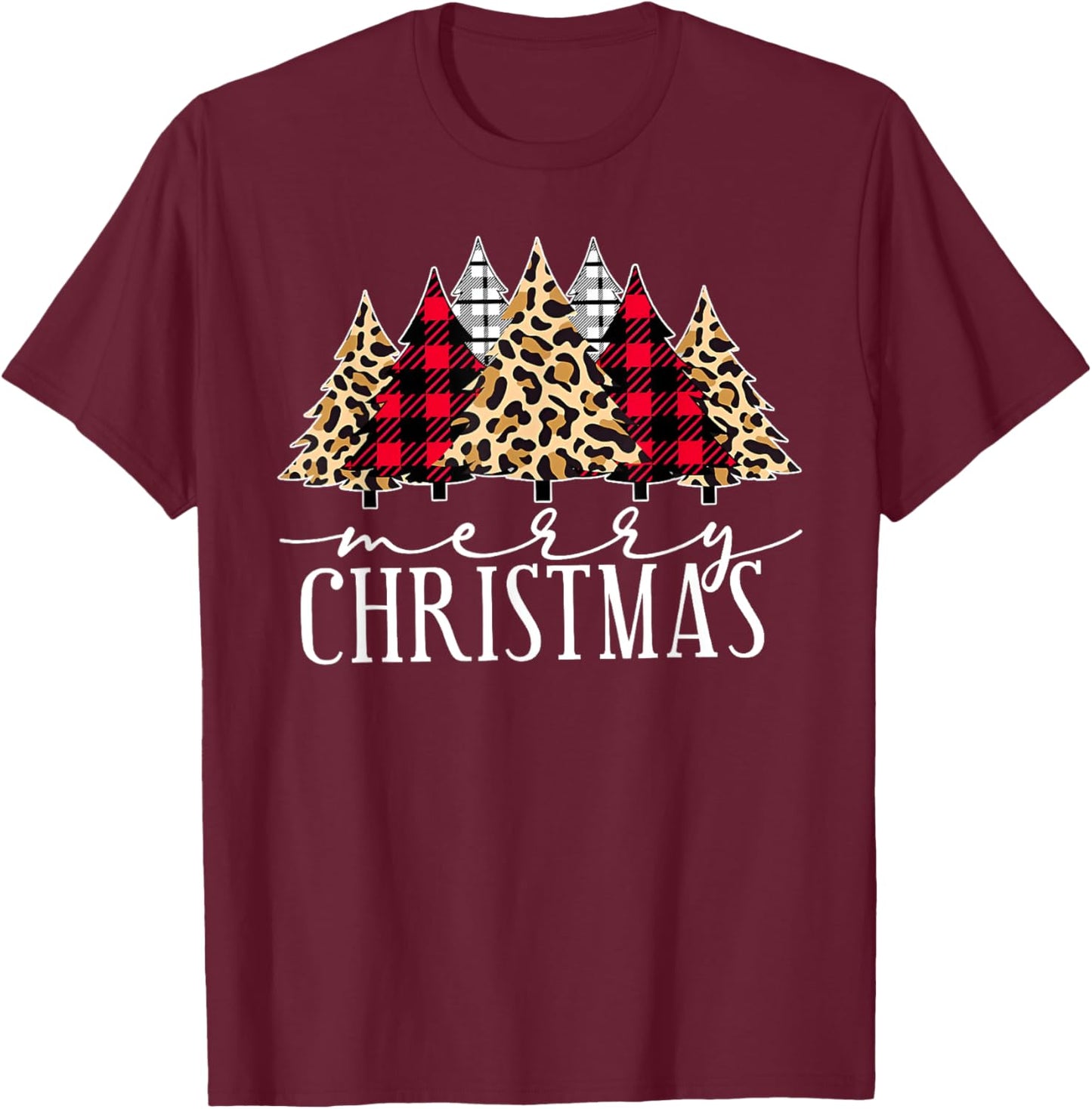 Merry Christmas Xmas Trees Leopard Buffalo Holiday Pajamas T-Shirt - T-Shirt | Maroon