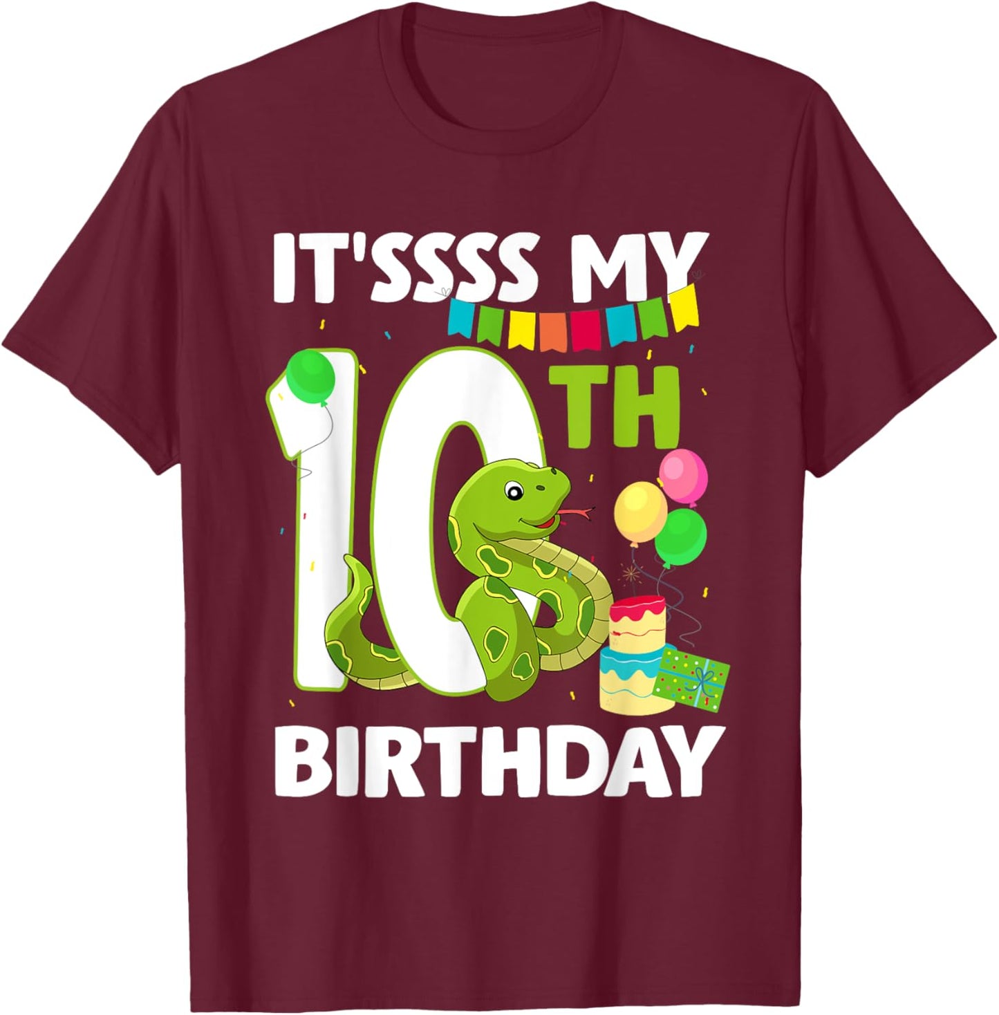 10th Birthday Snake Party 10 Year Old Snake Lover Birthday T-Shirt - T-Shirt | Maroon