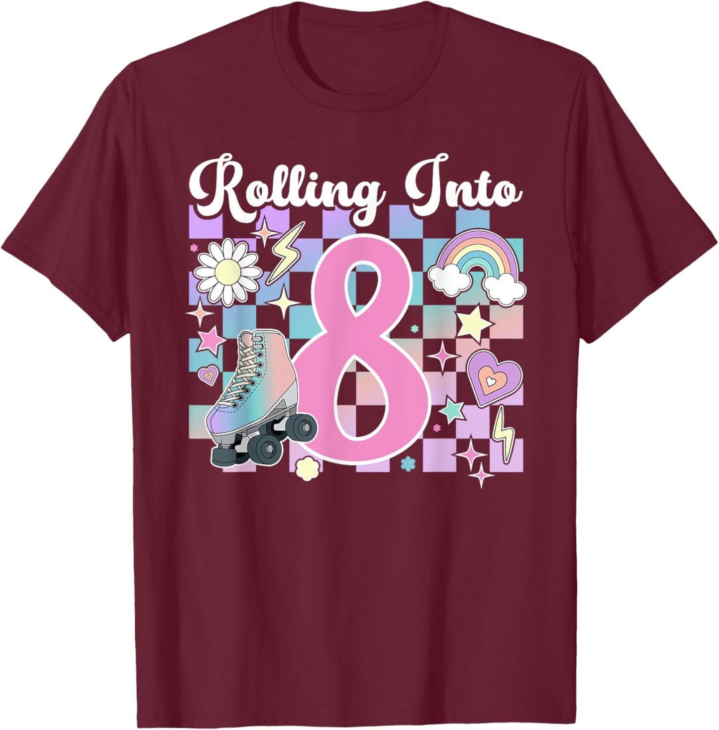 8th Birthday Roller Skate Eight Year Old Roller Skating Girl T-Shirt - T-Shirt | Maroon