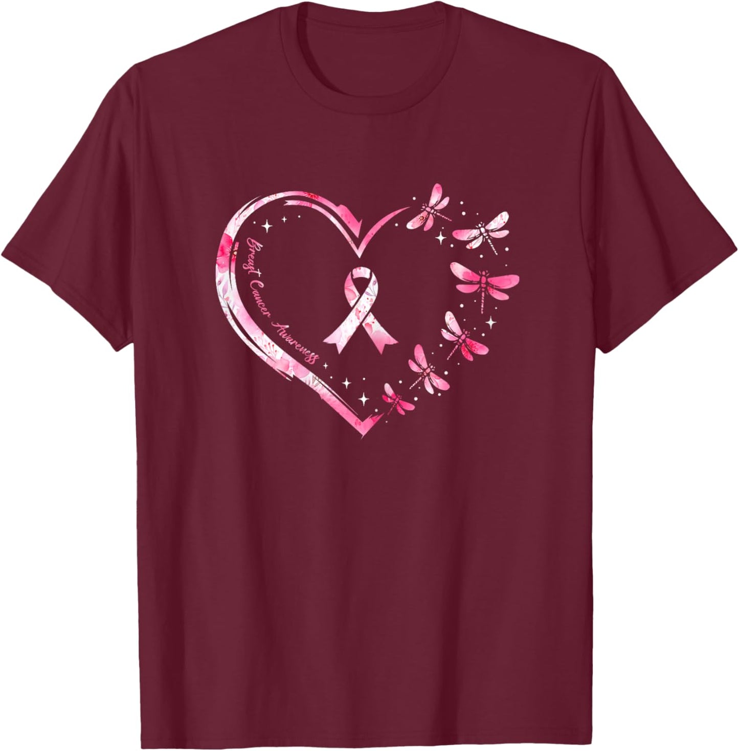 Breast Cancer Heart Dragonflies Awareness Women Kids Men T-Shirt - T-Shirt | Maroon