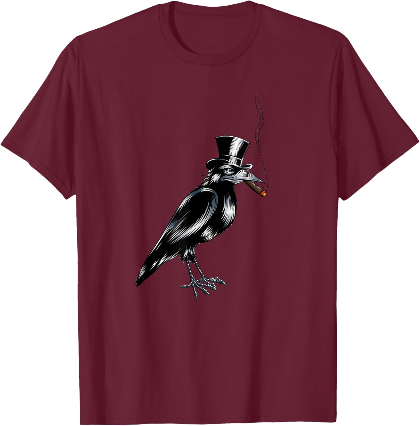 Black Crow Bird Top Hat Smoking Cigar Artwork T-Shirt - T-Shirt | Maroon