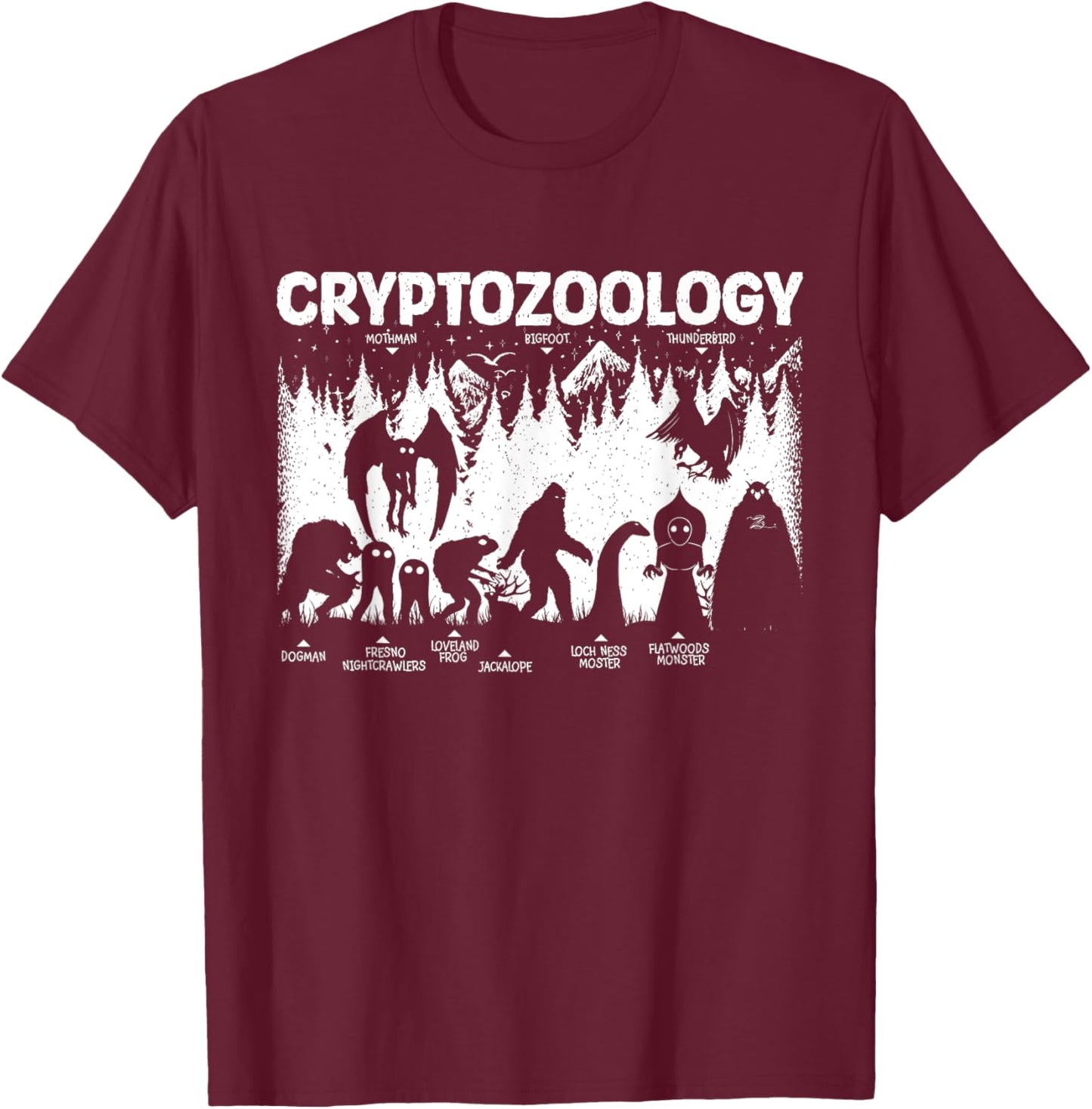 Cryptozoology Cryptid Bigfoot Mothman Dogman Other Monsters T-Shirt - T-Shirt | Maroon
