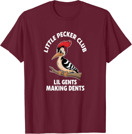 Lil Gents Funny Bird Enthusiast Club - Little Pecker Club Funny Woodpecker Humor -Adults, Kids Black Short Sleeve T-Shirt - T-Shirt | Maroon