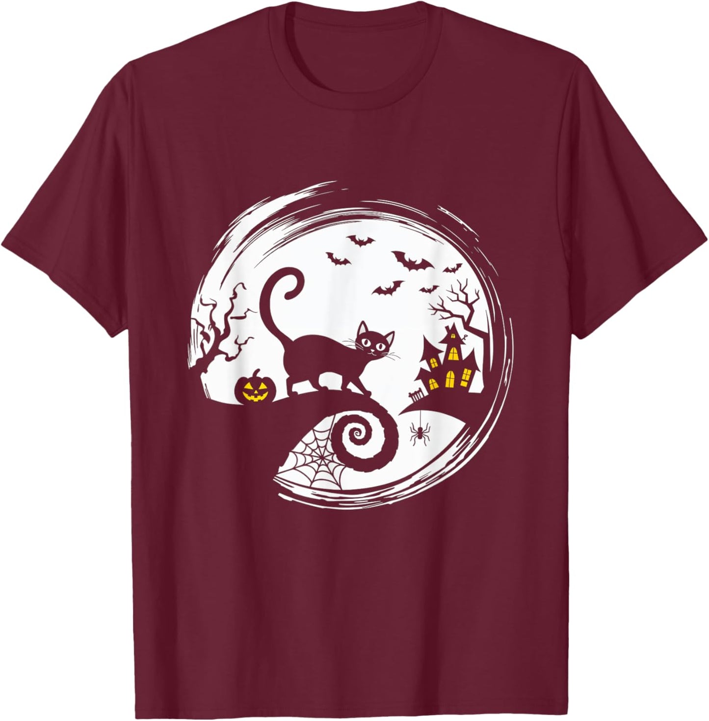 Halloween Cat Pumpkin Bats Spooky Black Cat T-Shirt - T-Shirt | Maroon