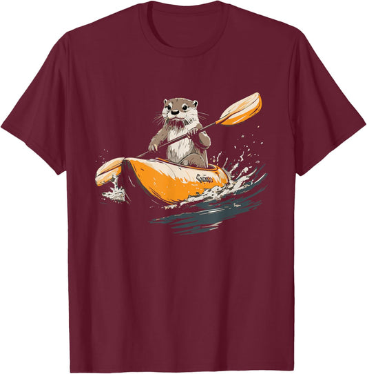 Kayaking River Otter Kayaker Kayak Canoe Paddling T-Shirt - T-Shirt | Maroon